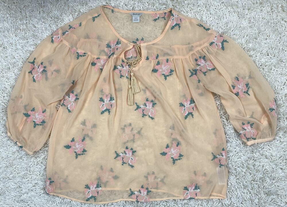 Ariat Womens M Boho Peasant Blouse Peach Sheer Floral Cross Stitch Embroidered